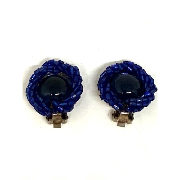Vintage Blue Seed Bead Cluster Clip On Earrings w/ Blue Cabochon Center - Picture 6 of 7